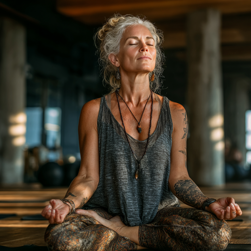 Пожилая женщина занимается йогой на коврике