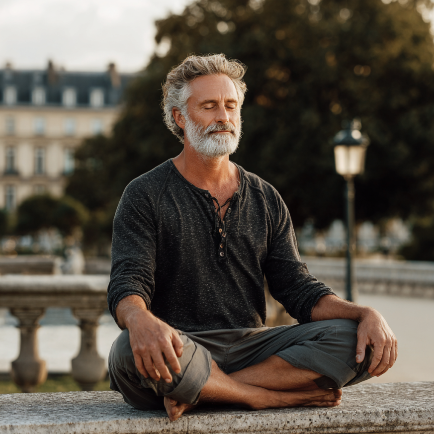 Пожилой мужчина выполняет асану йоги